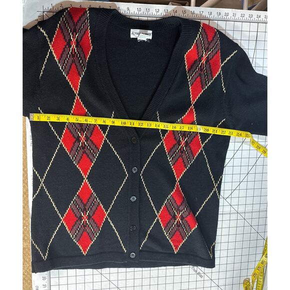 Alfred Dunner 90s Retro Wool Blend Black Red Argyle Academia Cardigan Sweater L - Picture 7 of 7